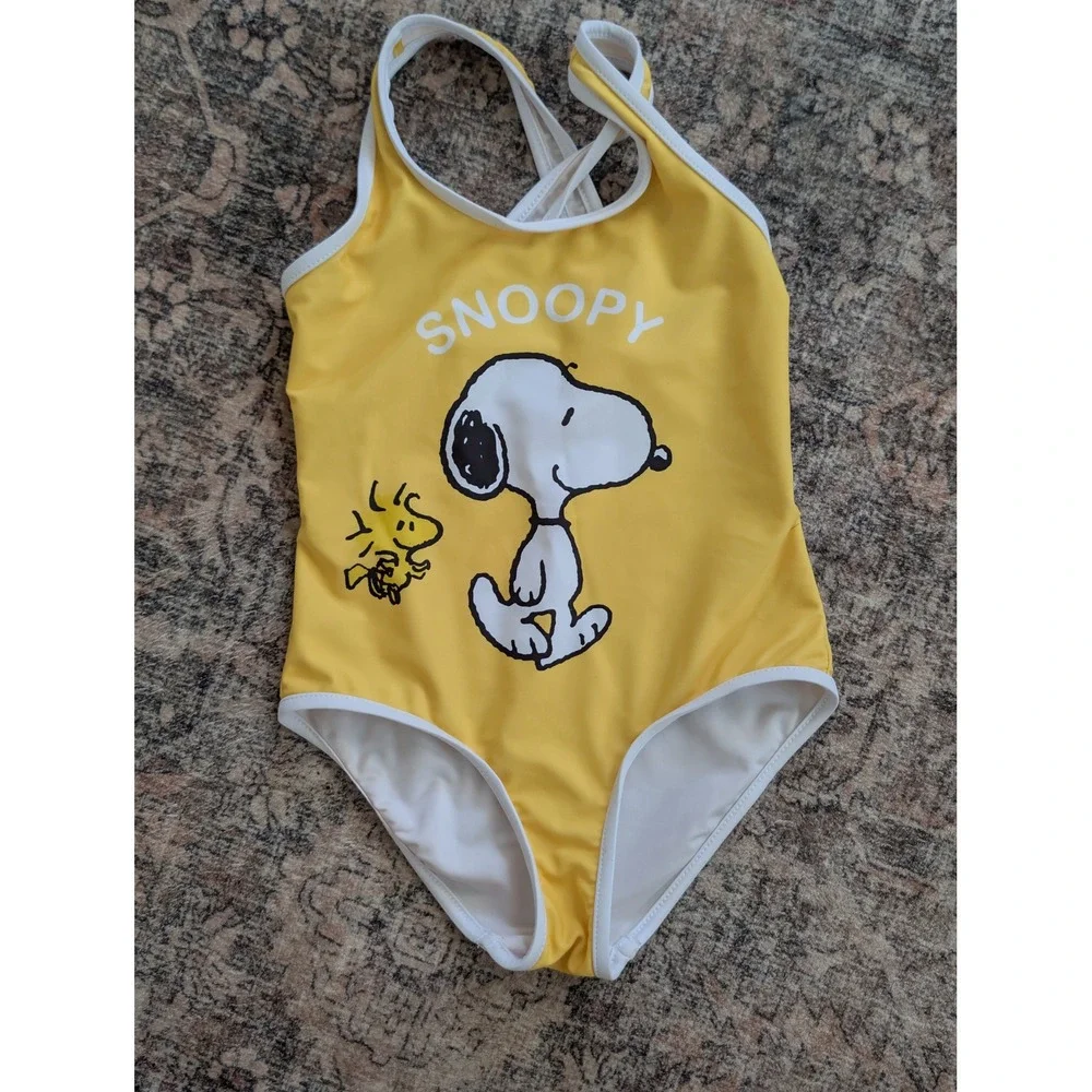 Zara Kids Peanuts Snoopy Woodstock One Piece Swimsuit Yellow Girls Size 4-5 Yrs